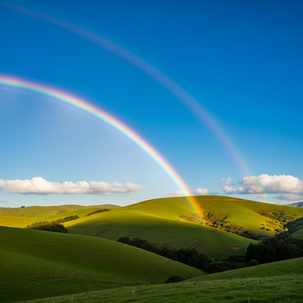 Rainbow over green hills